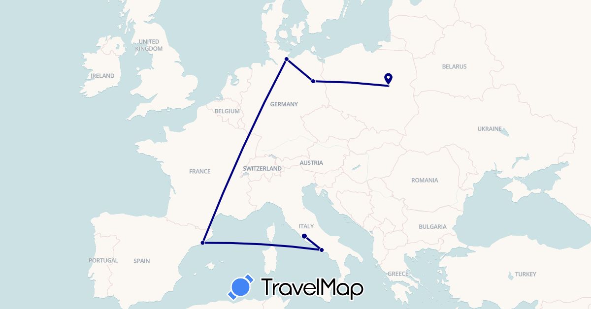 TravelMap itinerary: driving in Germany, Spain, Italy, Poland (Europe)